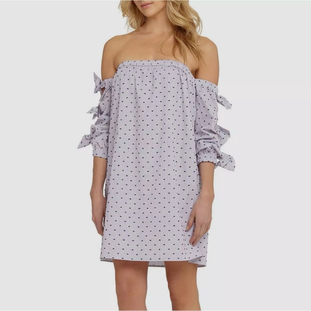 NWT CeCe Women's Blue Striped Swiss Dot Embroidered Off-Shoulder Shift Dress